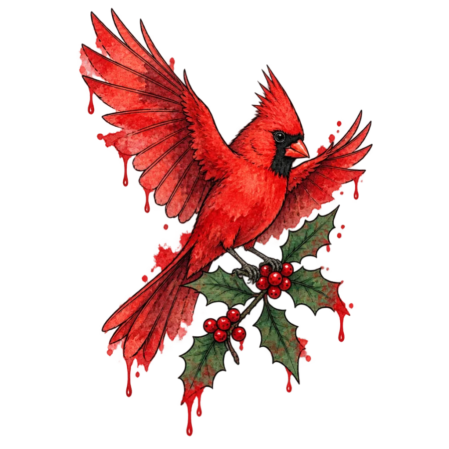 Watercolor cardinal tattoo landing on holly with loose red washes