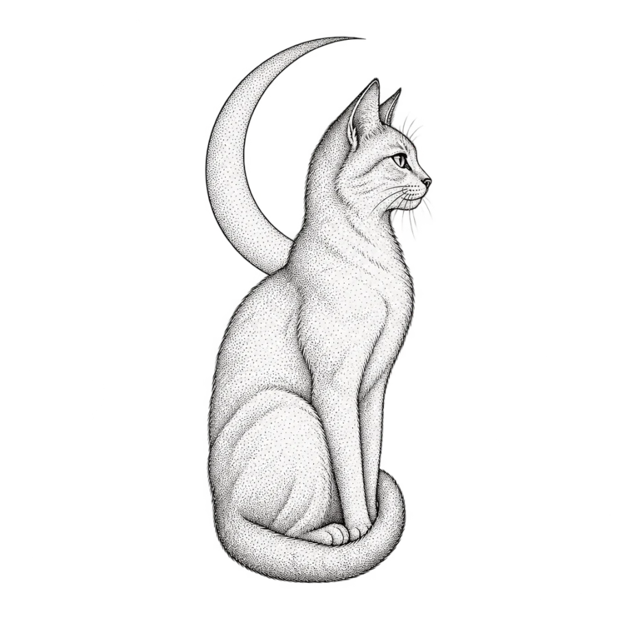 Fine line tattoo of a sitting cat in profile with a crescent moon