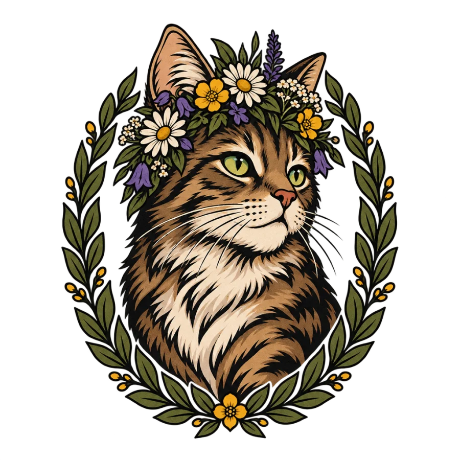 Neo traditional tattoo of a cat in a wildflower crown and leaf frame