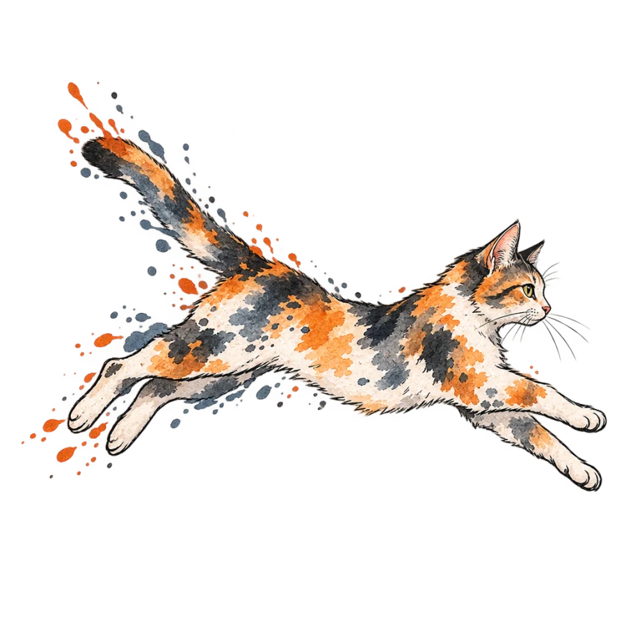 Watercolor tattoo of a leaping cat with loose color splashes