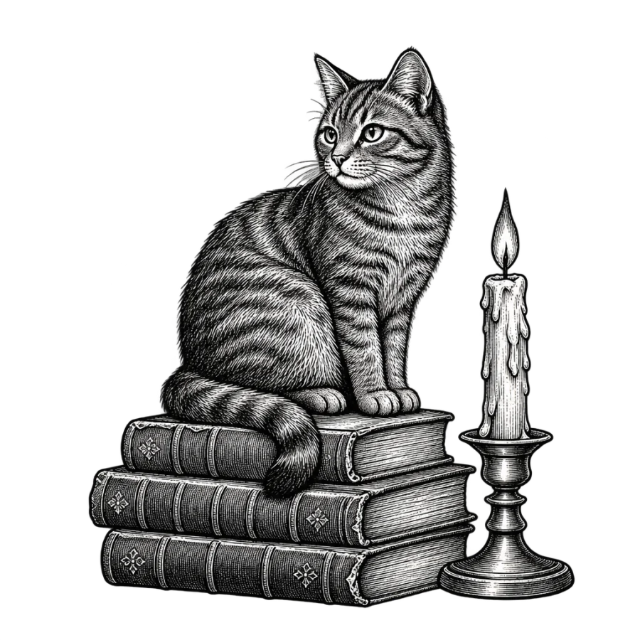 Engraving style tattoo of a cat on old books beside a candle