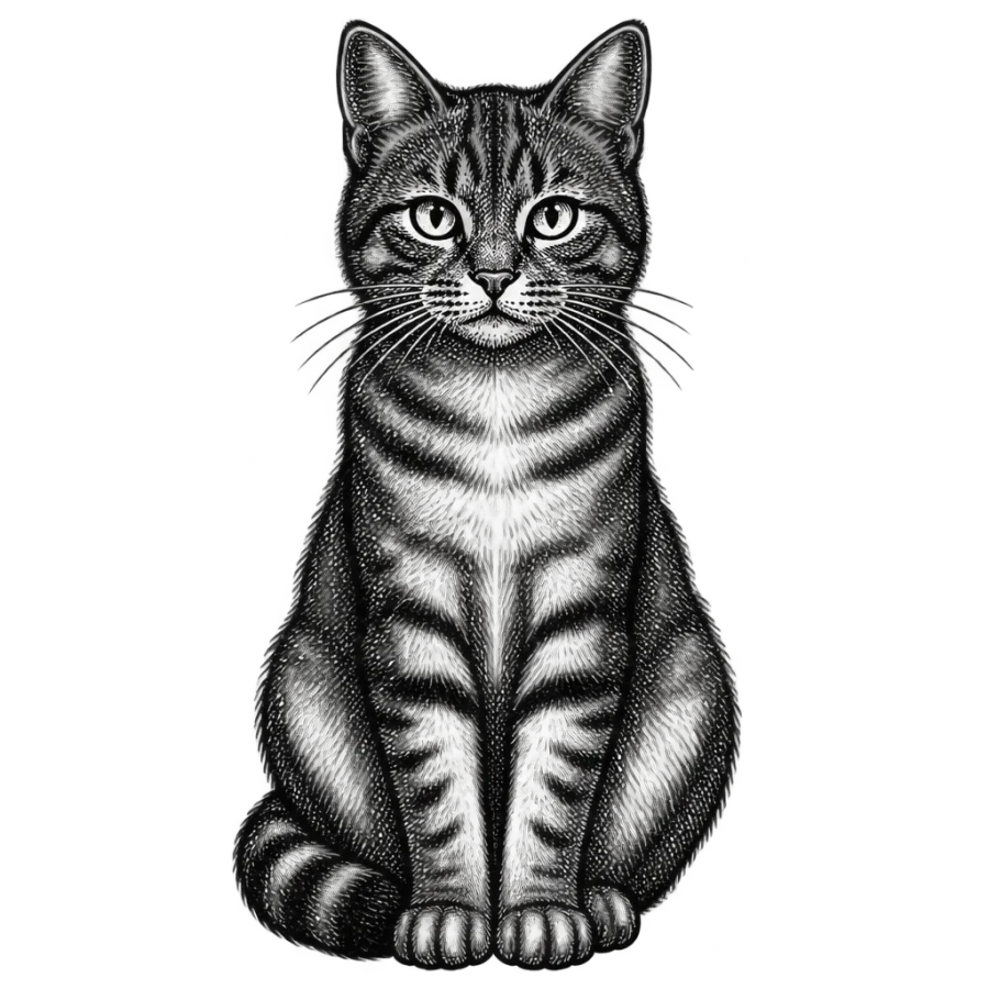 Engraved sitting cat tattoo design with cross hatched fur detail