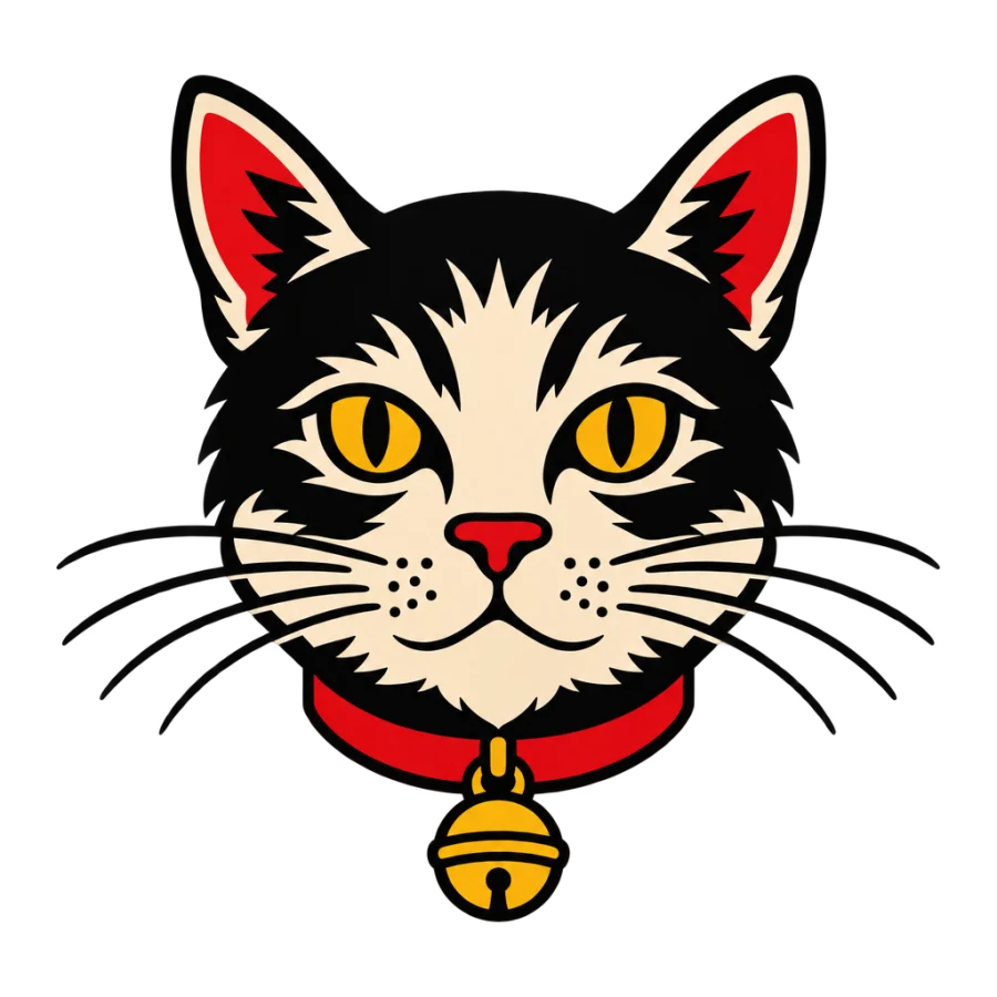 American traditional tattoo of a cat head with a bell collar