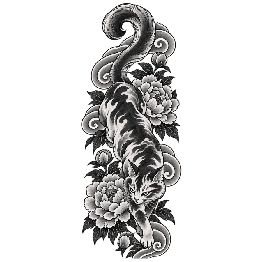 Japanese irezumi tattoo of a prowling cat among peonies and wind bars