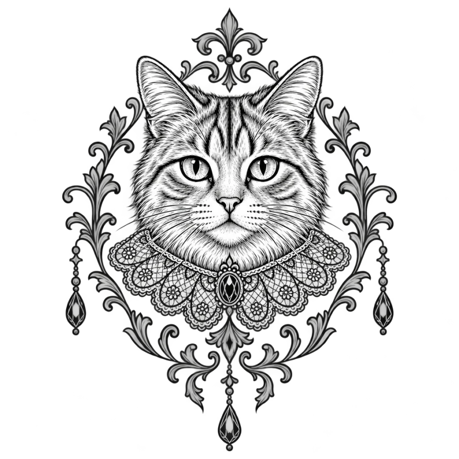 Ornamental filigree tattoo of a cat head in a lace collar