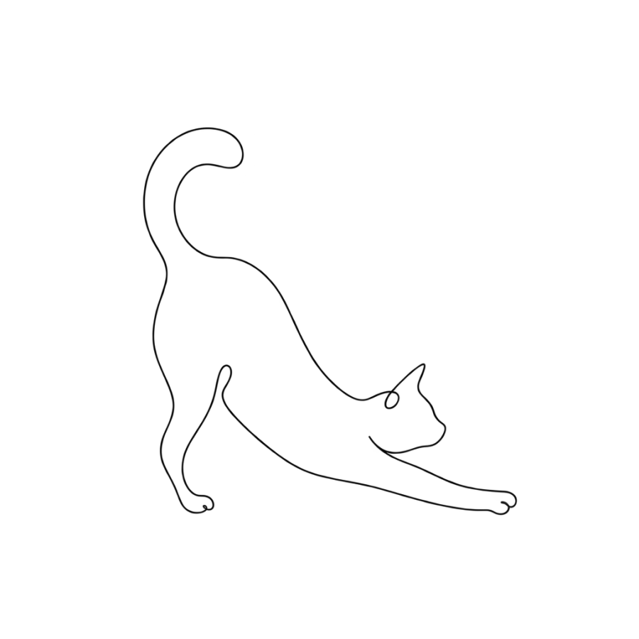 Minimalist single line tattoo of a cat stretching its front legs