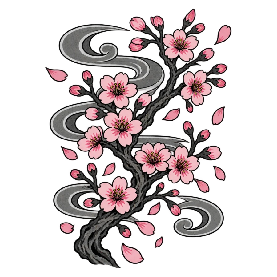 Japanese irezumi tattoo design of a blooming cherry branch with falling petals
