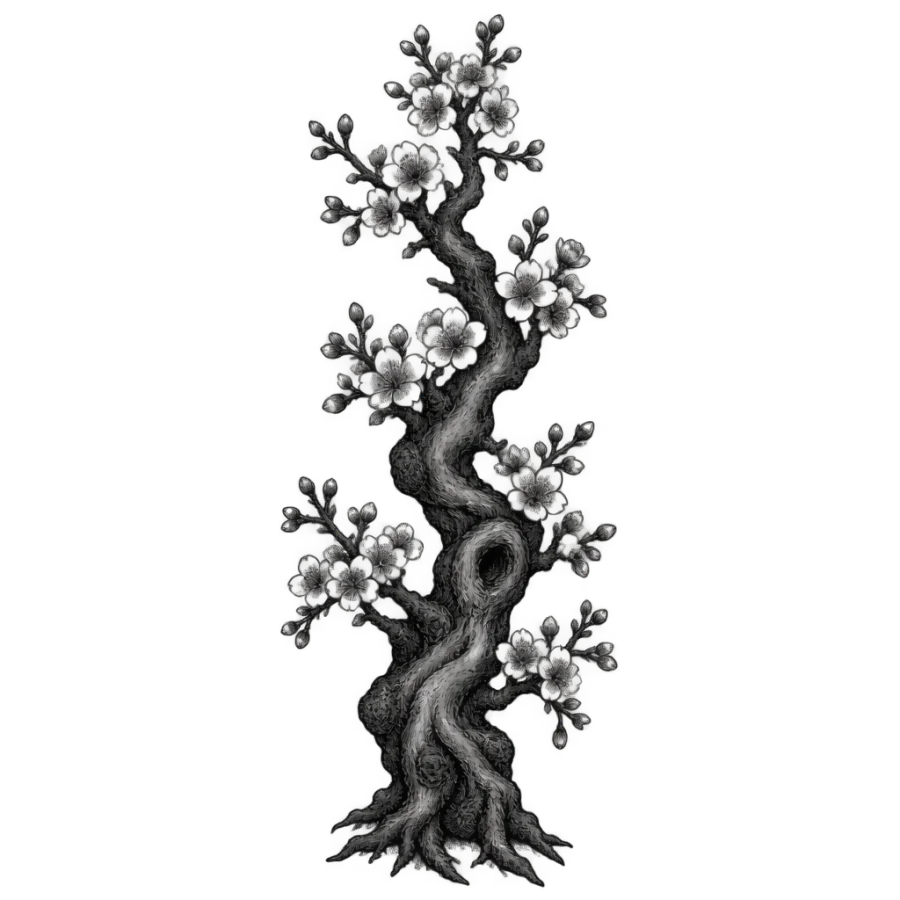 Woodcut style tattoo design of a gnarled cherry trunk in bloom