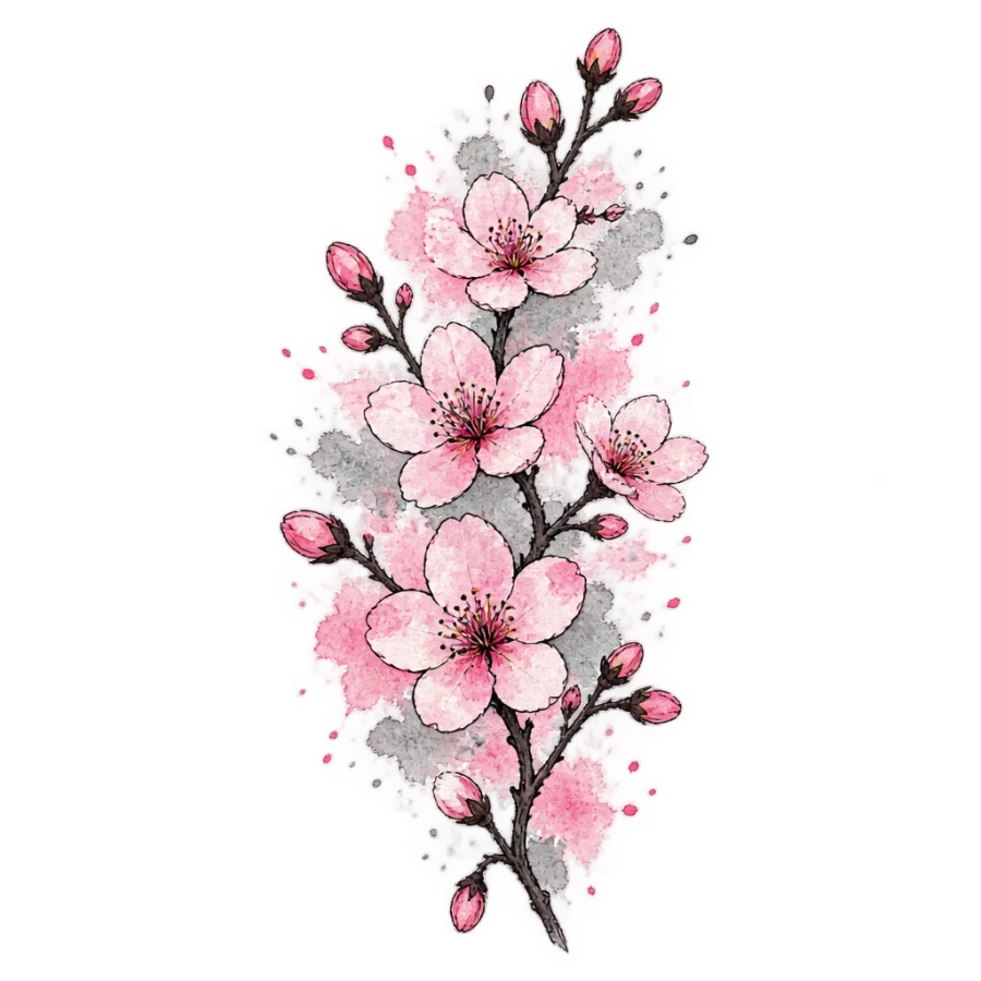 Watercolour tattoo design of a cherry blossom spray in pink washes