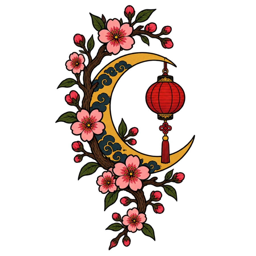 Neo traditional tattoo design of cherry blossoms around a crescent moon