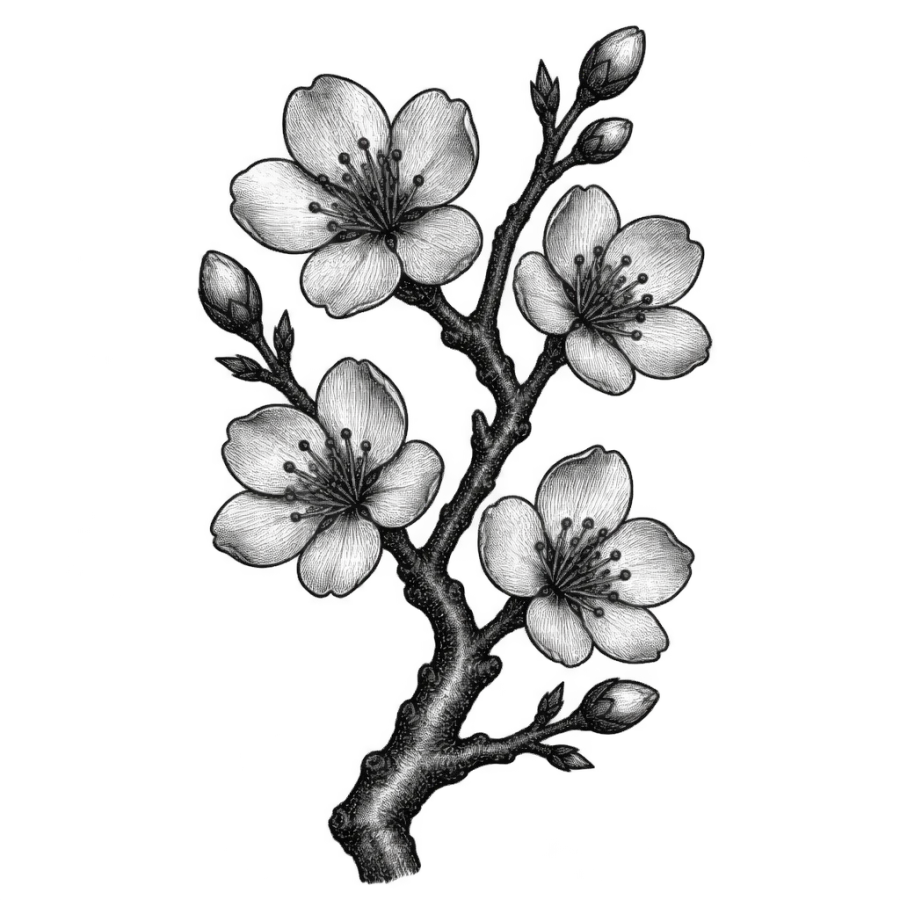 Engraved woodcut cherry blossom branch tattoo design with hatched shading