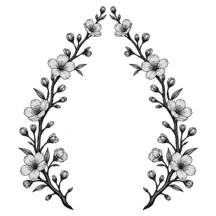 Fine line mirrored cherry blossom arch tattoo design in perfect symmetry