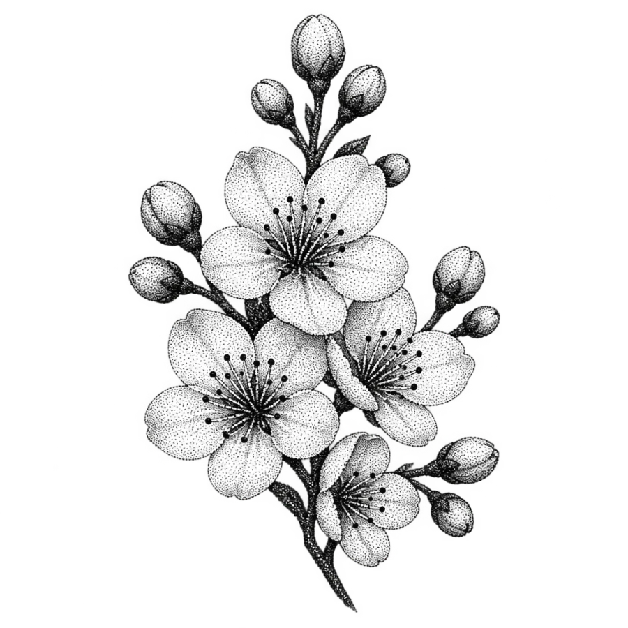 Dotwork tattoo design of a stippled cherry blossom cluster