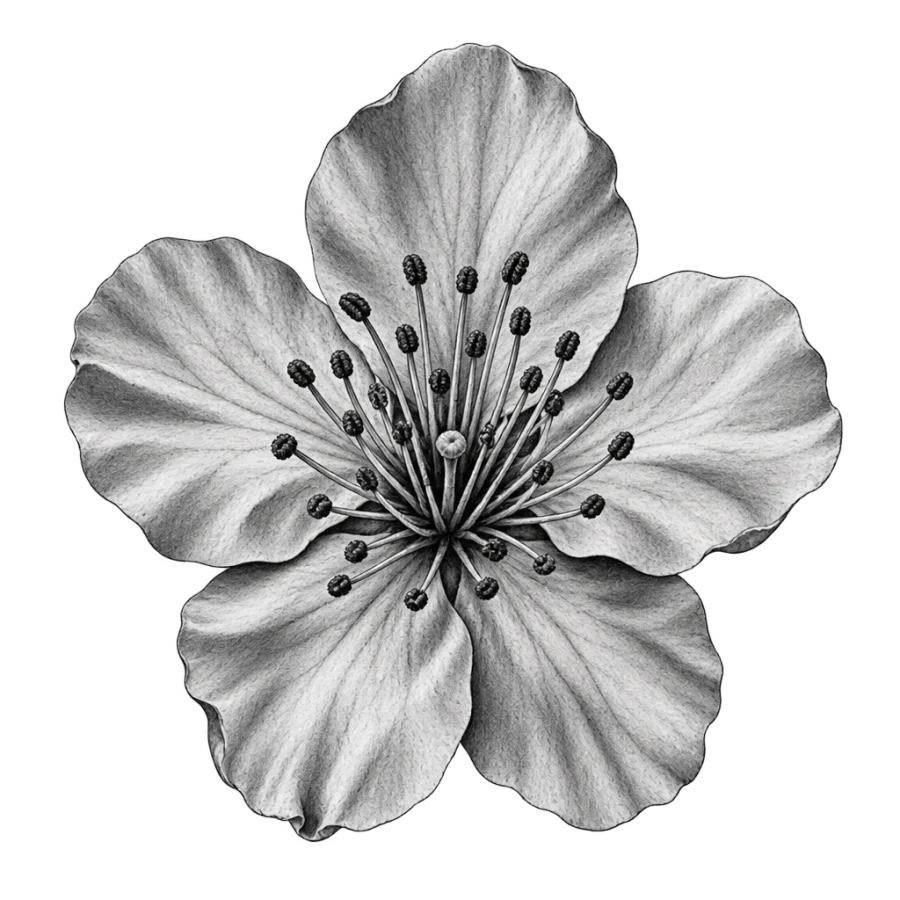 Black and grey realism tattoo design of a single open cherry blossom