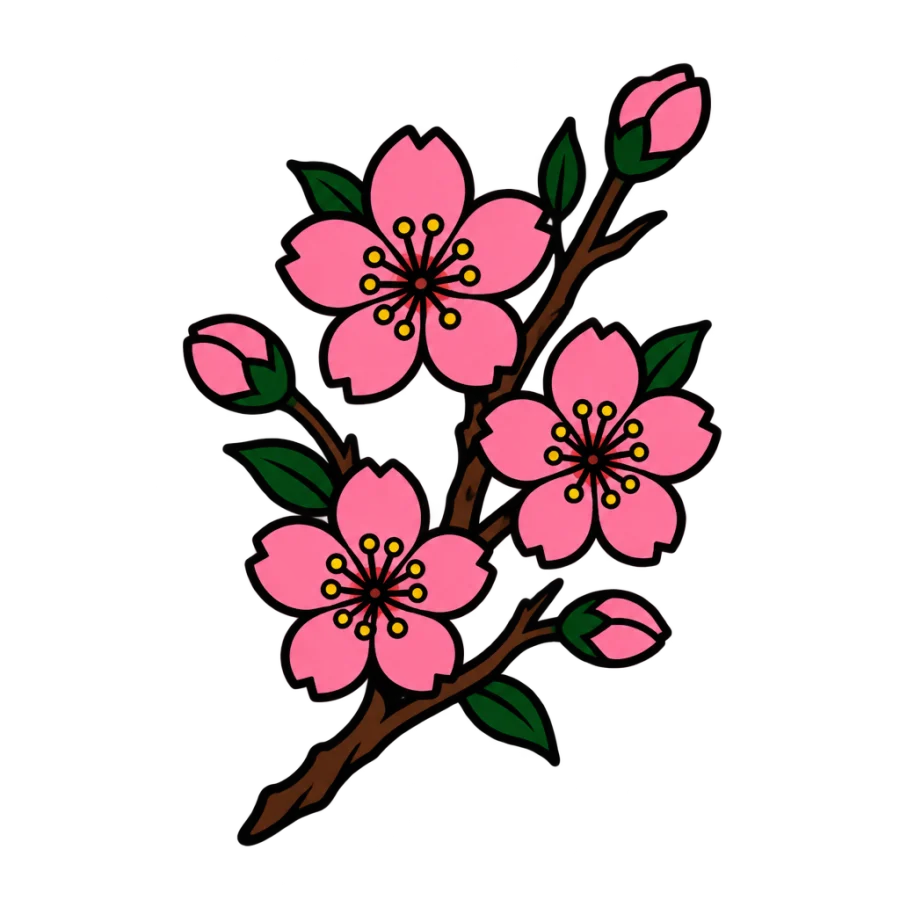 American traditional tattoo design of a cherry branch with pink petals