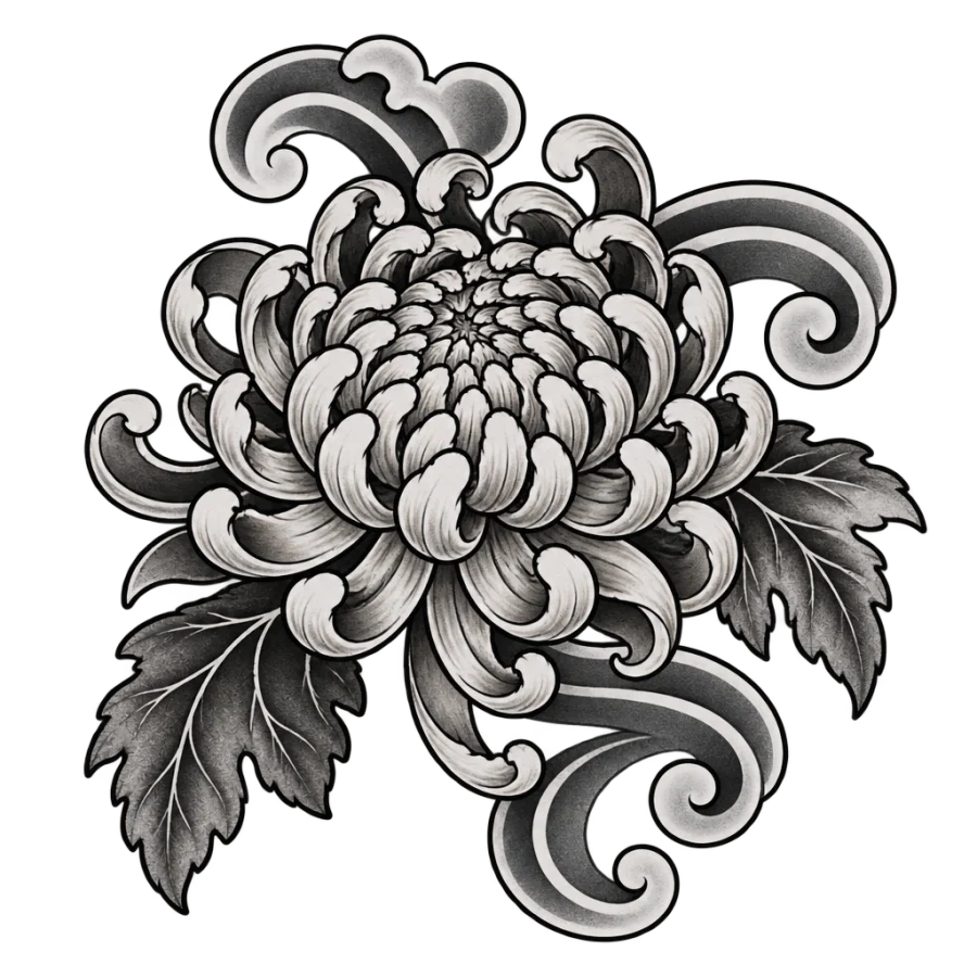 Japanese irezumi chrysanthemum tattoo design with layered petals and curling wind bars