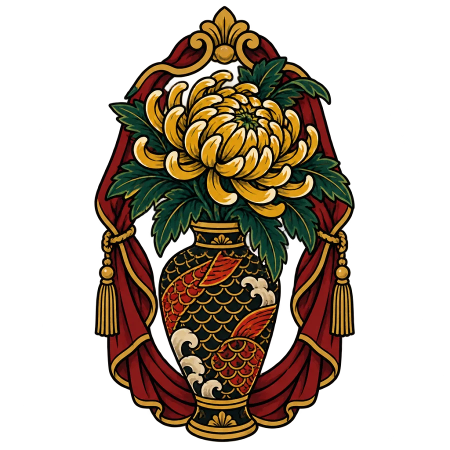 Neo traditional chrysanthemum tattoo design above a patterned vase with drapery