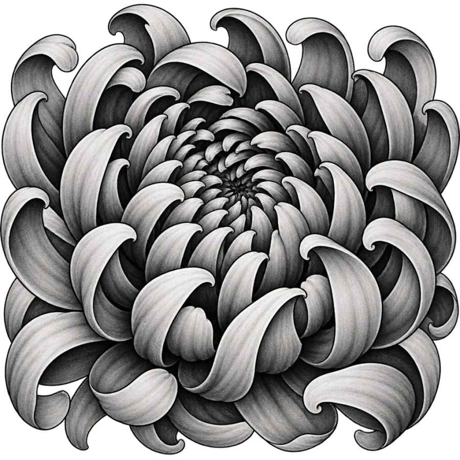 Black and grey realism chrysanthemum tattoo design cropped close on curling petals