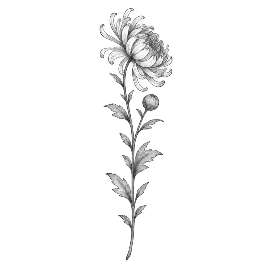 Fine line chrysanthemum tattoo design as a tall slender stem with bud