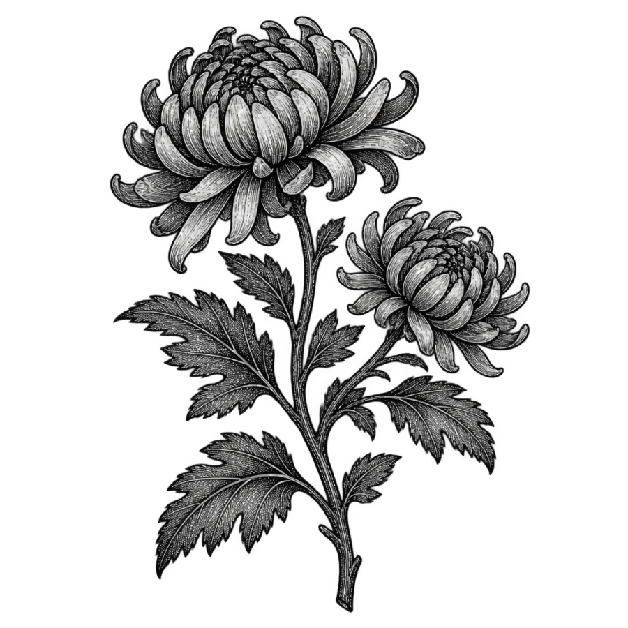Engraved chrysanthemum tattoo design as a hatched botanical branch plate