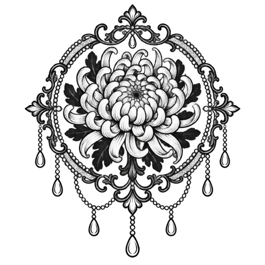 Ornamental filigree chrysanthemum tattoo design framed by lace and pearl drops