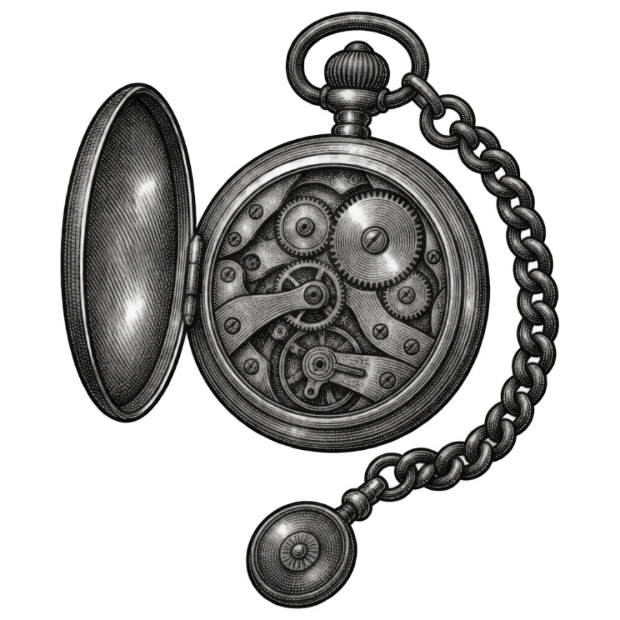 Engraved pocket watch tattoo with exposed gears and a curling chain