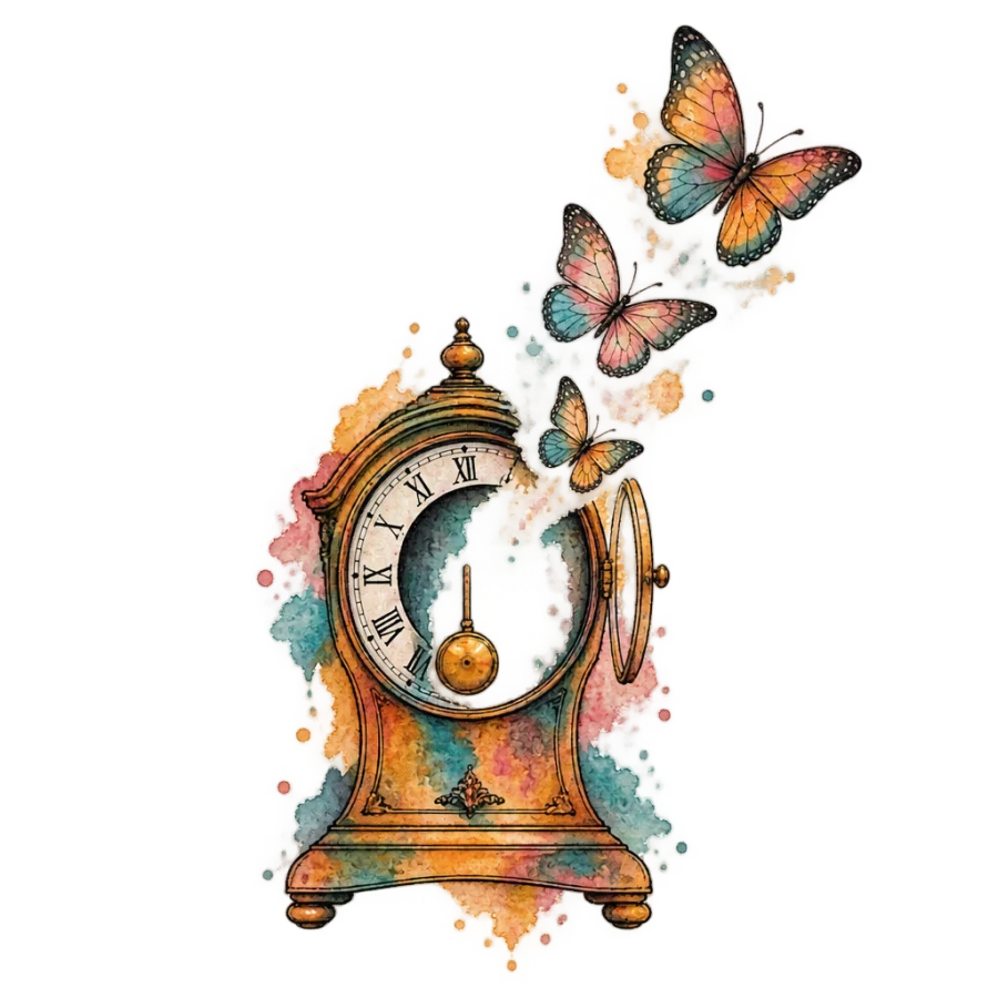 Watercolour mantel clock tattoo with butterflies drifting from the dial