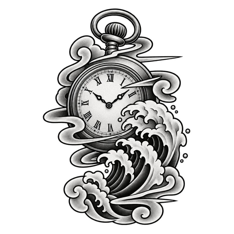 Clock tattoo design generated with AI Tattoo Lab