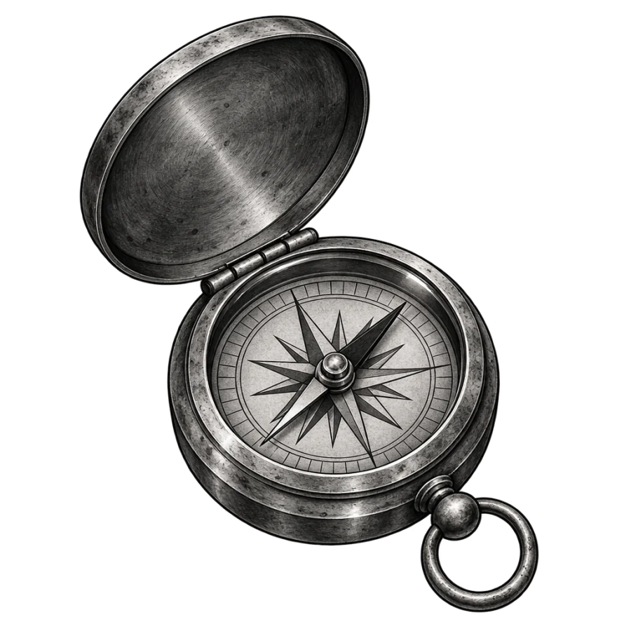 Black and grey realism tattoo design of a worn brass pocket compass open