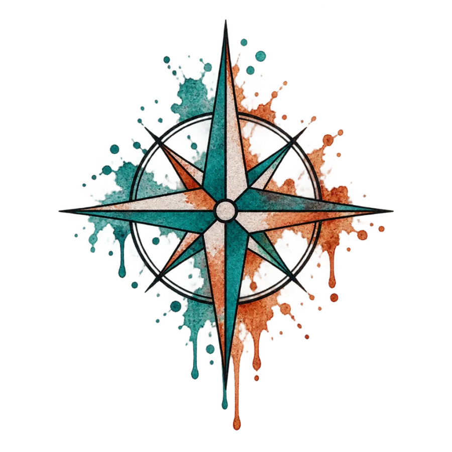 Watercolor tattoo design of a compass rose with teal and rust washes
