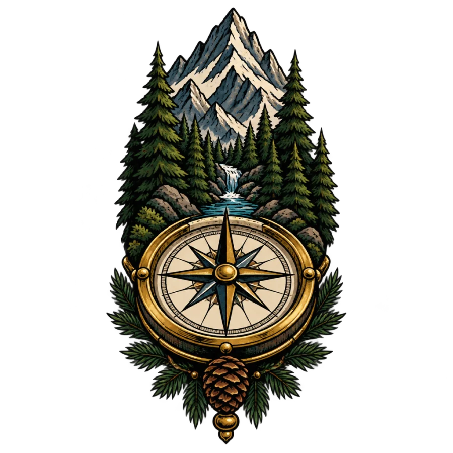 Neo traditional tattoo design of a compass dial with pines and mountains