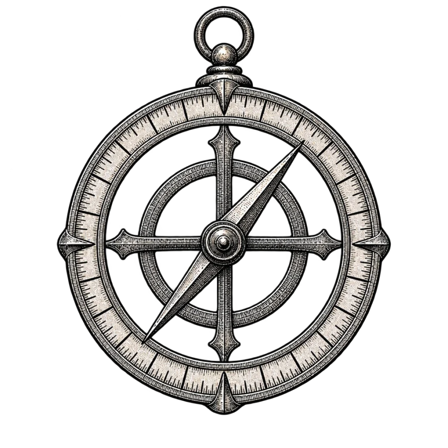 Engraved woodcut compass tattoo design of an astrolabe ring and needle