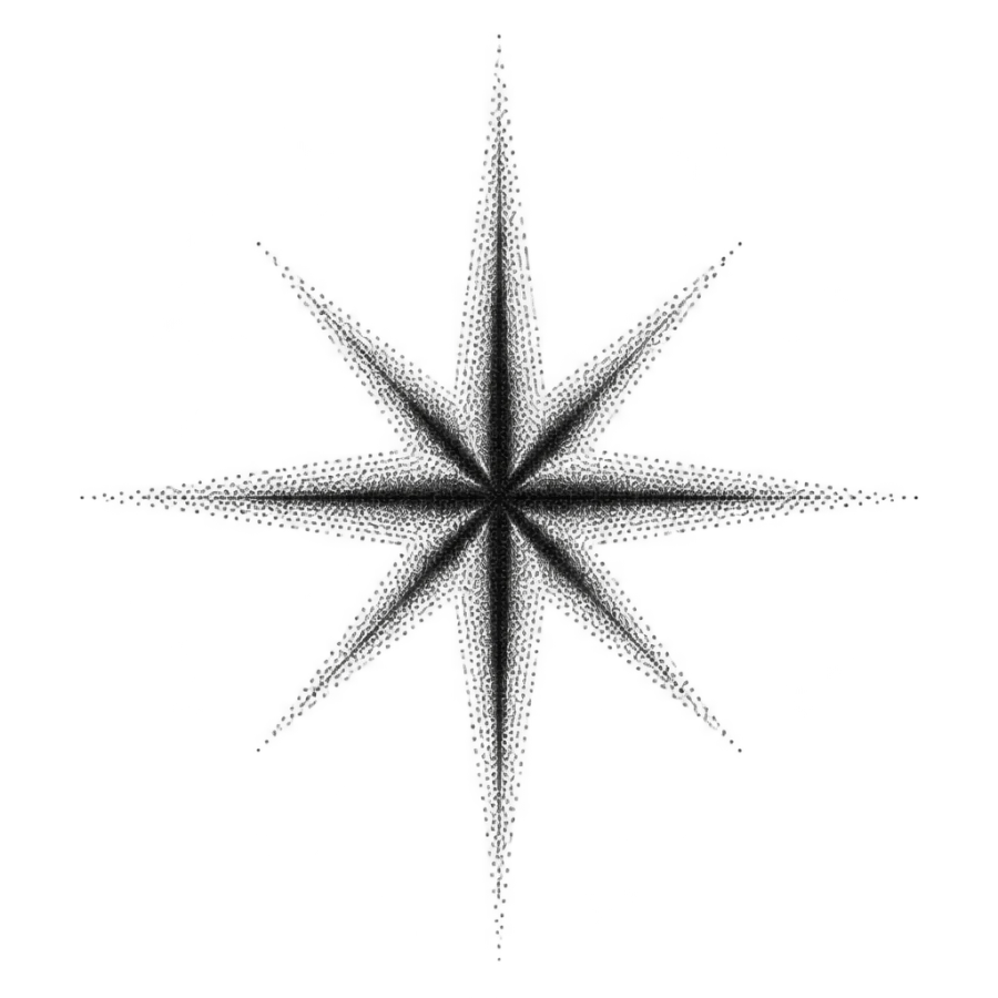 Dotwork compass tattoo design of an eight point rose fading at the points