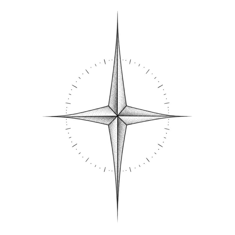 Fine line tattoo design of a slender compass rose with a thin tick ring