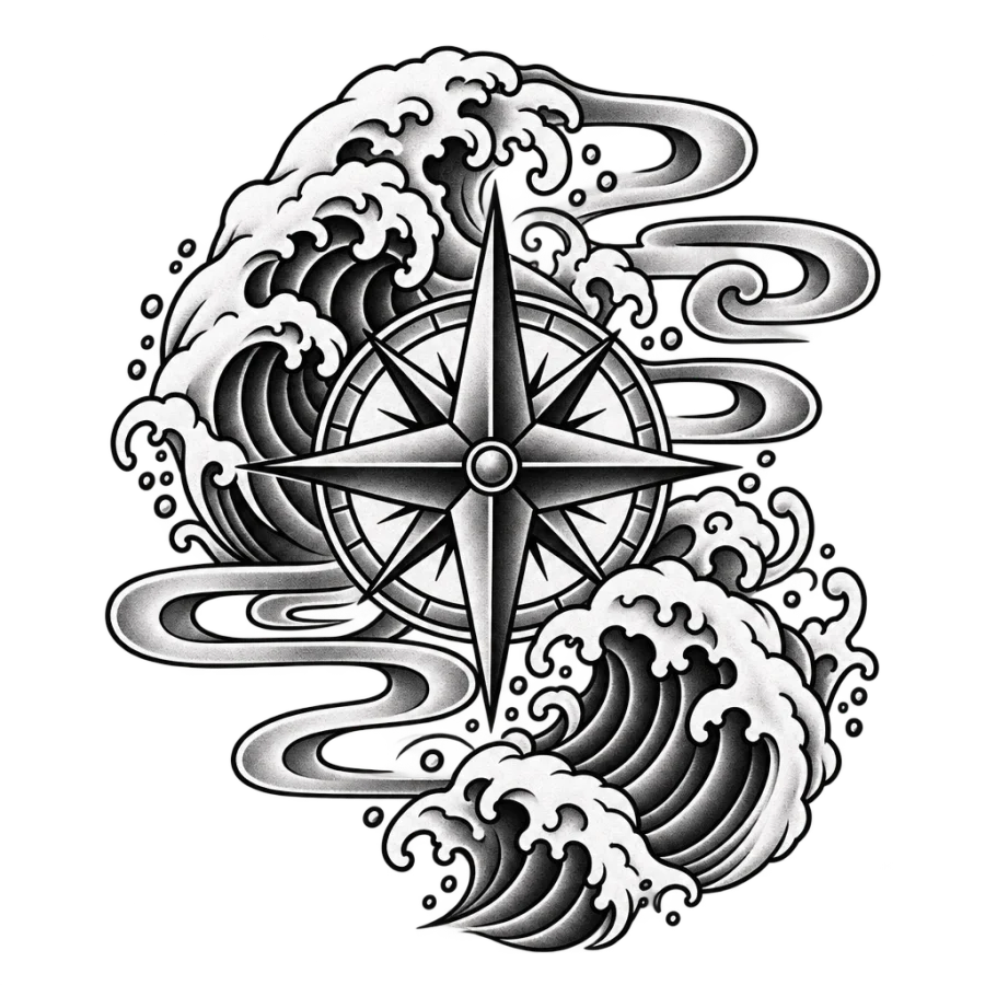 Japanese irezumi tattoo design of a compass rose among breaking waves