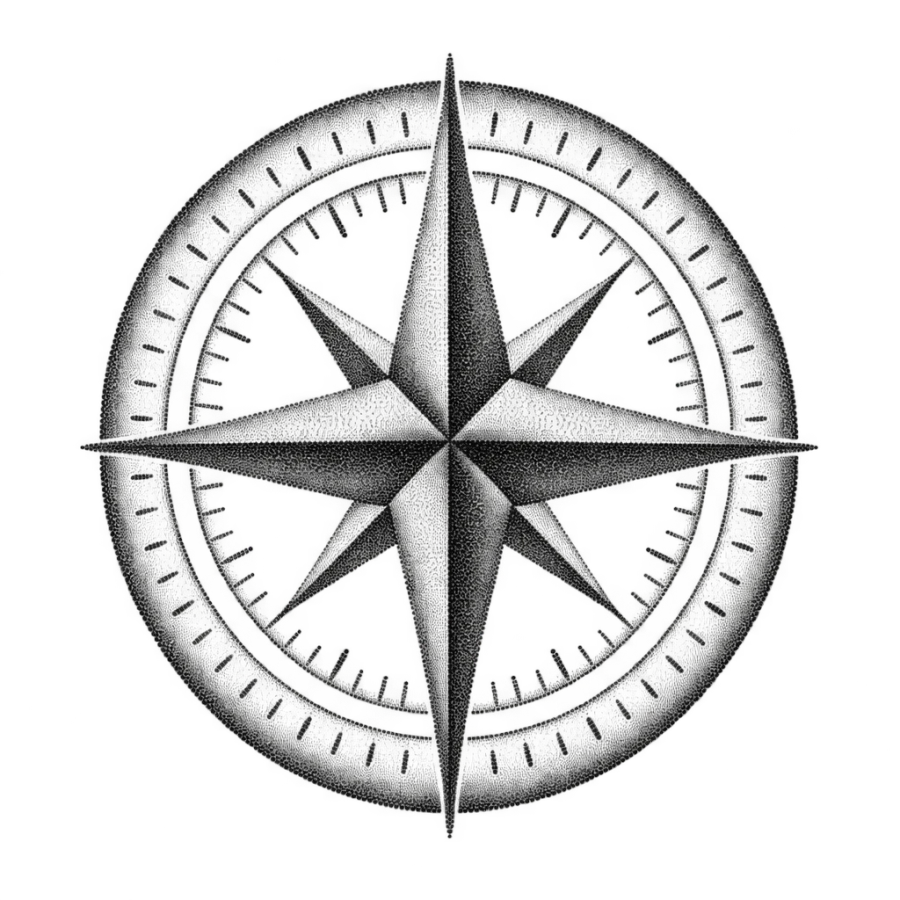 Dotwork stippled tattoo design of a round compass medallion with tick rings