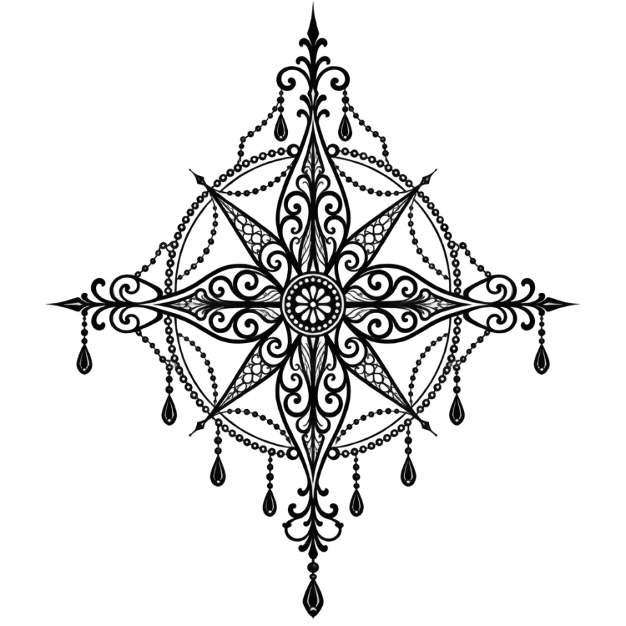 Ornamental filigree tattoo design of a lace compass rose with hanging drops