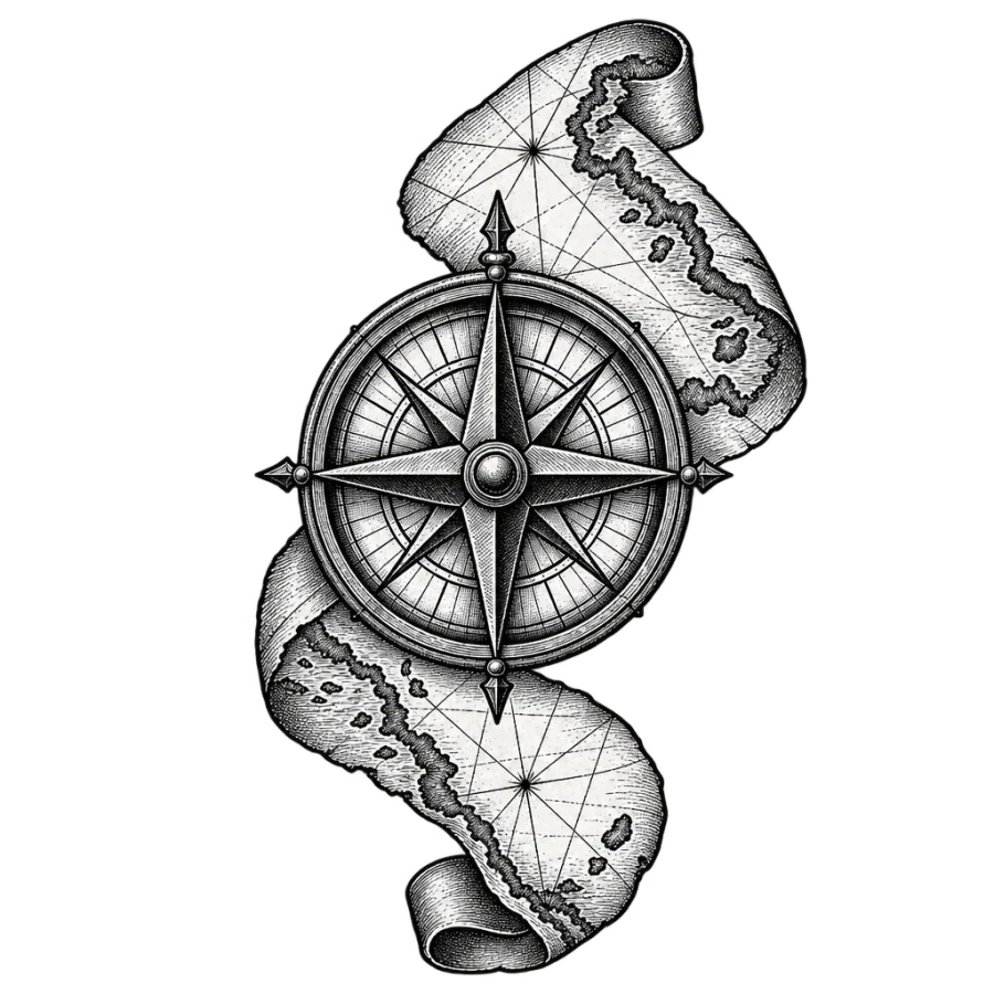 Engraving style tattoo design of an antique mariner compass and coastline