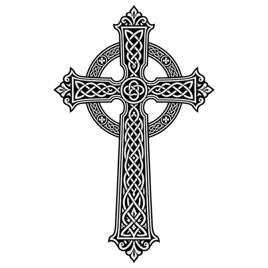 Ornamental tattoo design of a Celtic high cross with interlaced knotwork