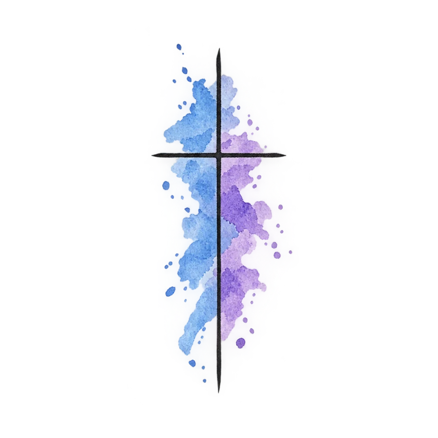 Watercolour tattoo design of a cross with blue and violet washes
