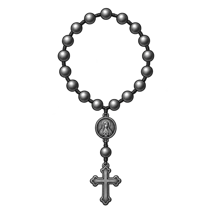 Black and grey tattoo design of a rosary circle with a hanging cross