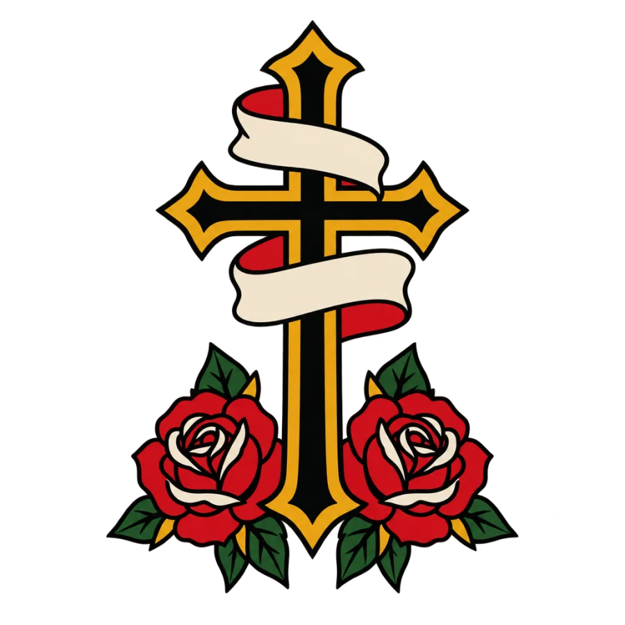 American traditional tattoo design of a cross with banner and roses