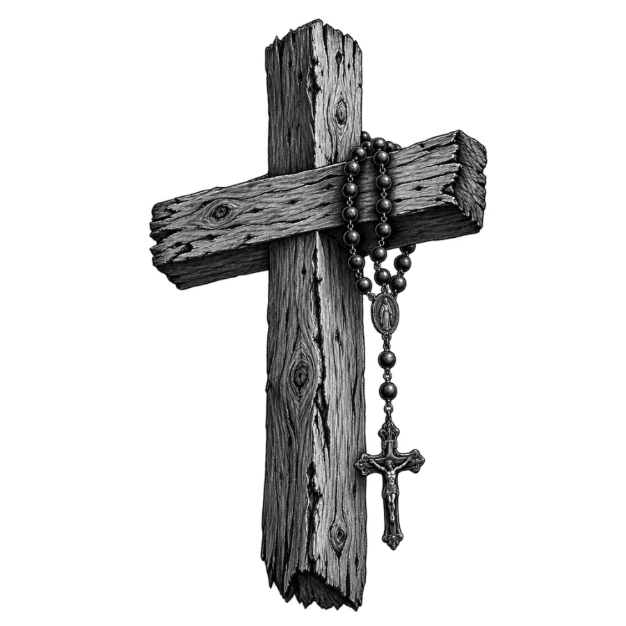 Black and grey realism tattoo design of a wooden cross with a rosary