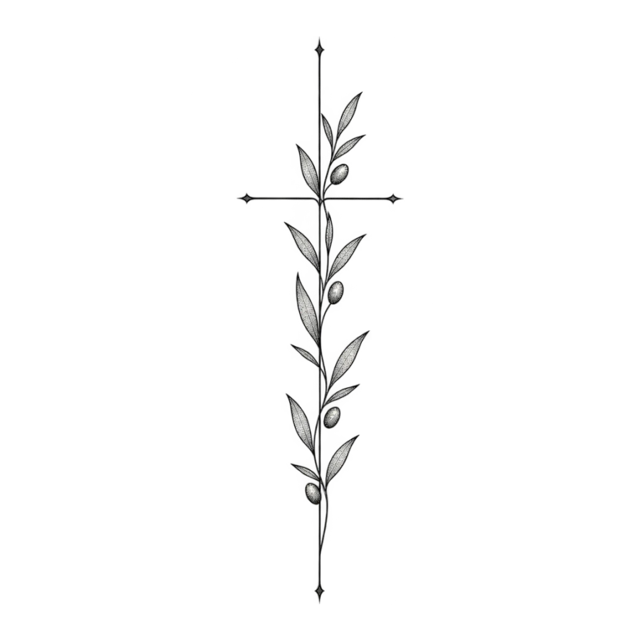 Fine line tattoo design of a slim cross with olive leaves