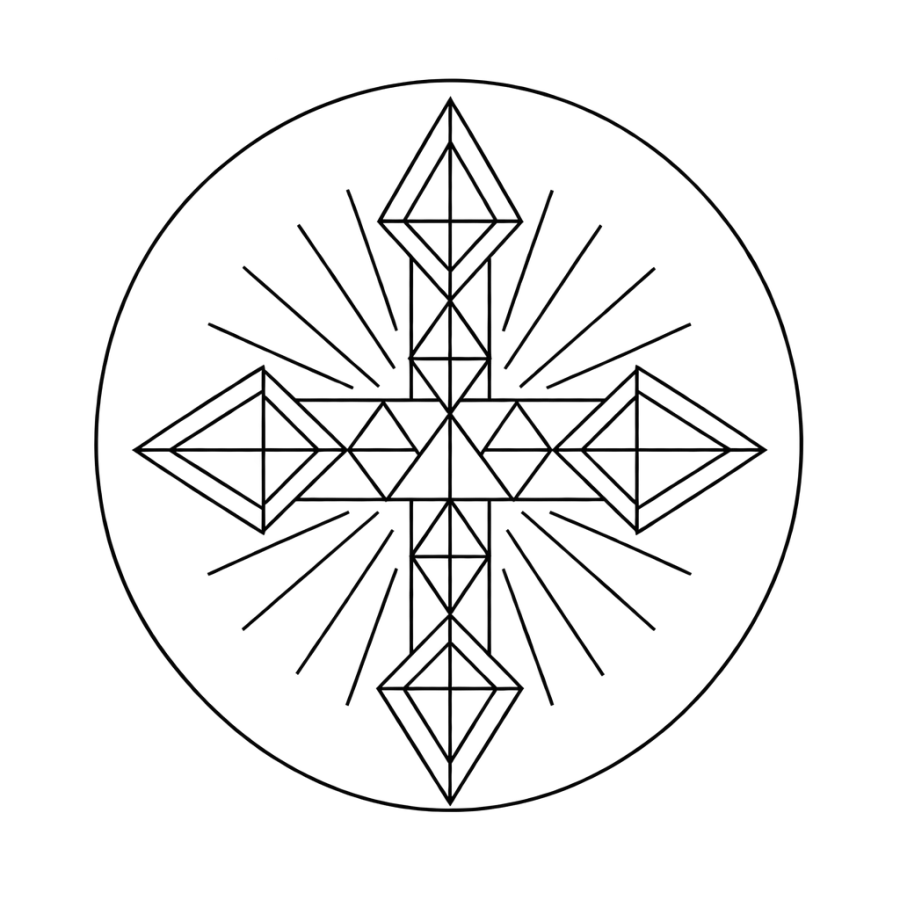 Geometric linework tattoo design of a cross made from triangles in a circle