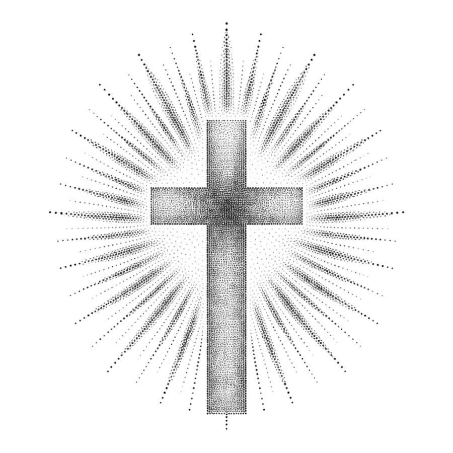 Dotwork tattoo design of a cross against a stippled sunburst