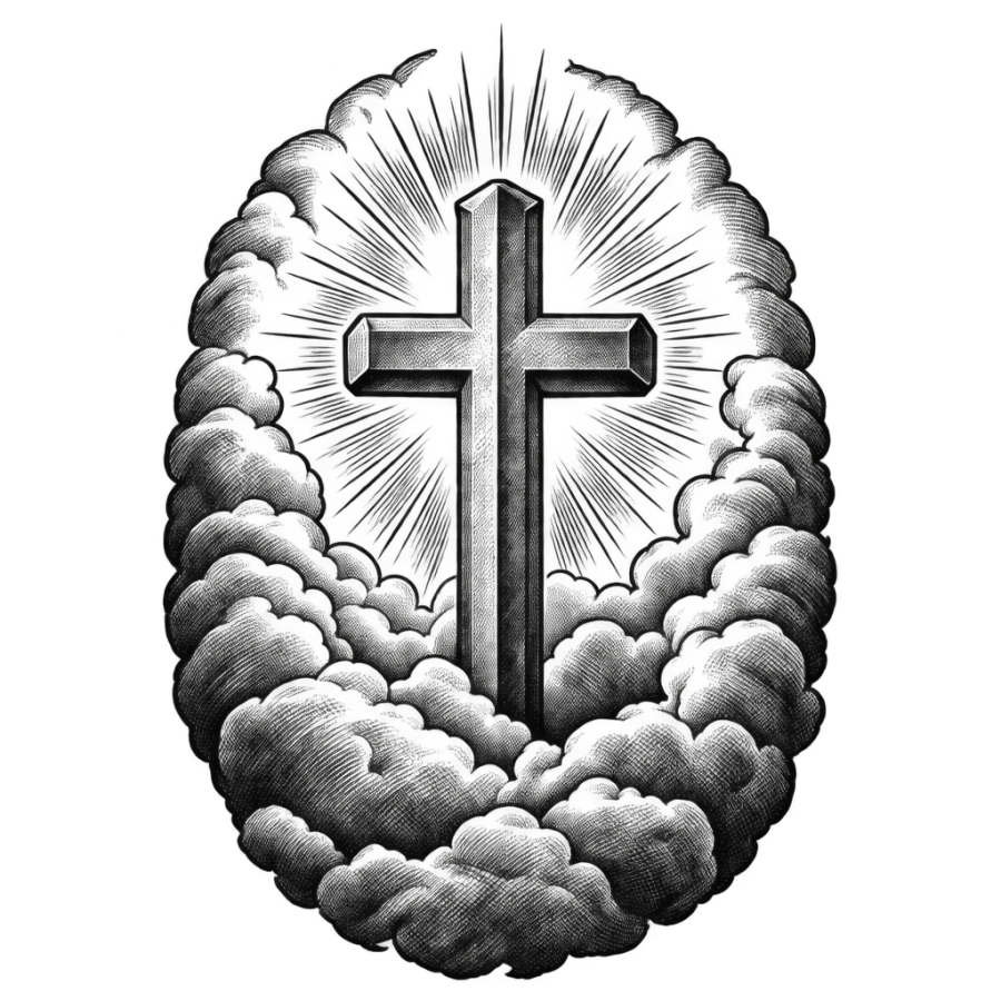 Engraved woodcut tattoo design of a cross rising from clouds