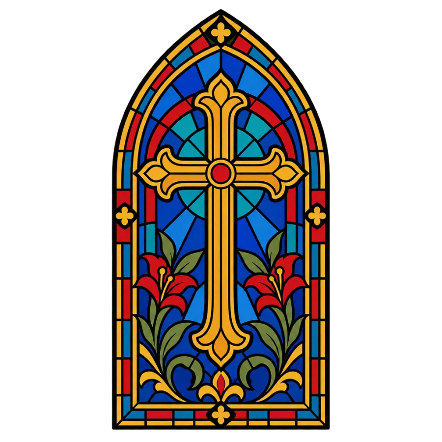 Neo traditional tattoo design of a cross in a stained glass arch