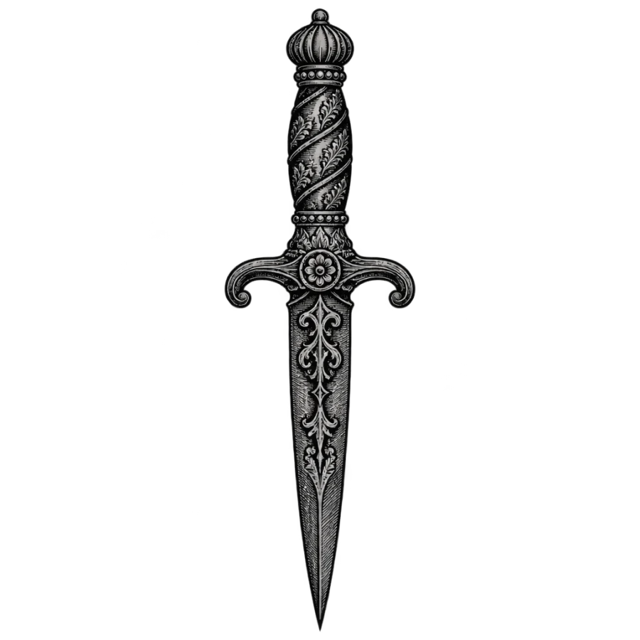 Engraved dagger tattoo design with a decorated hilt and patterned blade