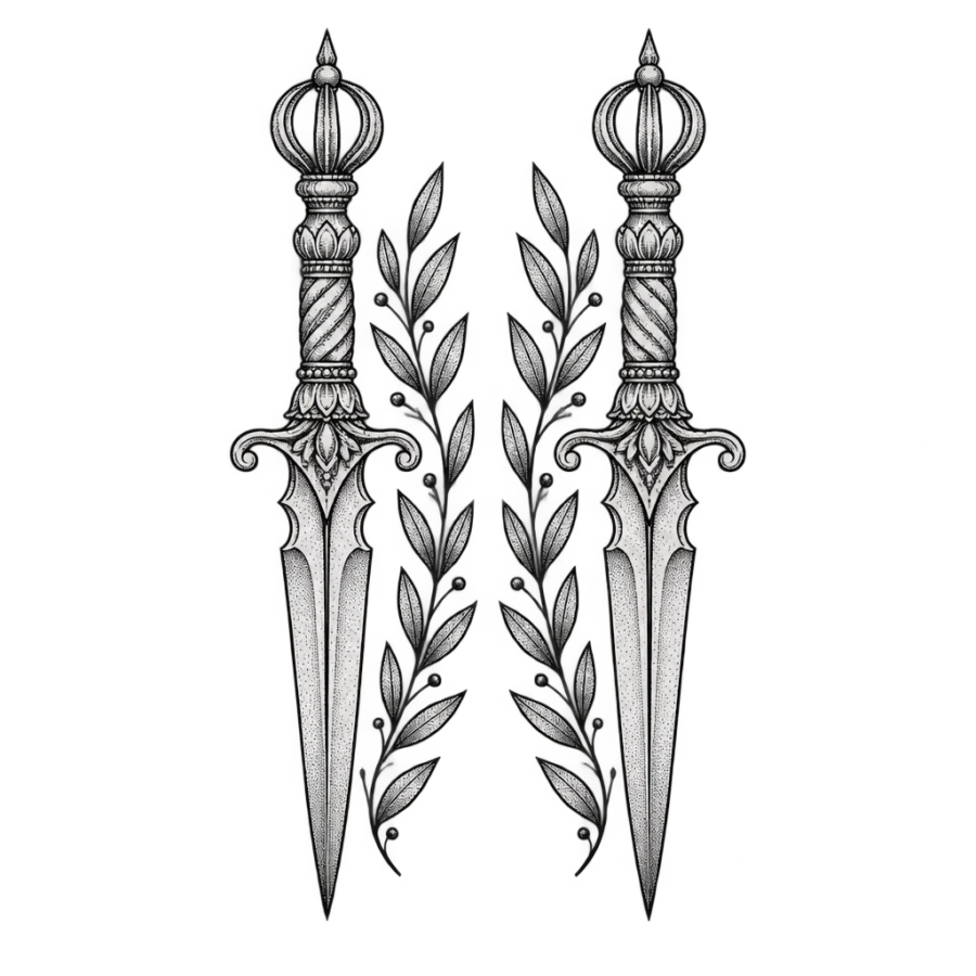 Fine line tattoo design of two mirrored daggers with laurel sprigs
